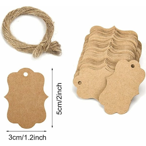 100 stk. Kraft-mærker Gavemærker 3x5 cm med jutesnor til bryllup, fødselsdag, valentinsdag, jul (Kraft)