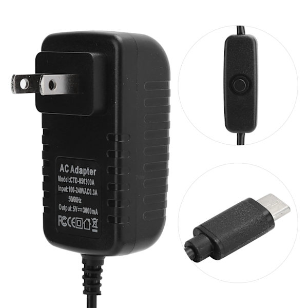 Raspberry Pi 4B 5V 3A Type C strømadapter med av/på-bryter 100-240V US-plugg
