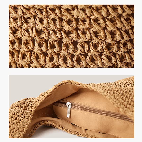 Stor strå skuldertaske, Boho, Retro, Rattan sommer strandtaske (khaki)