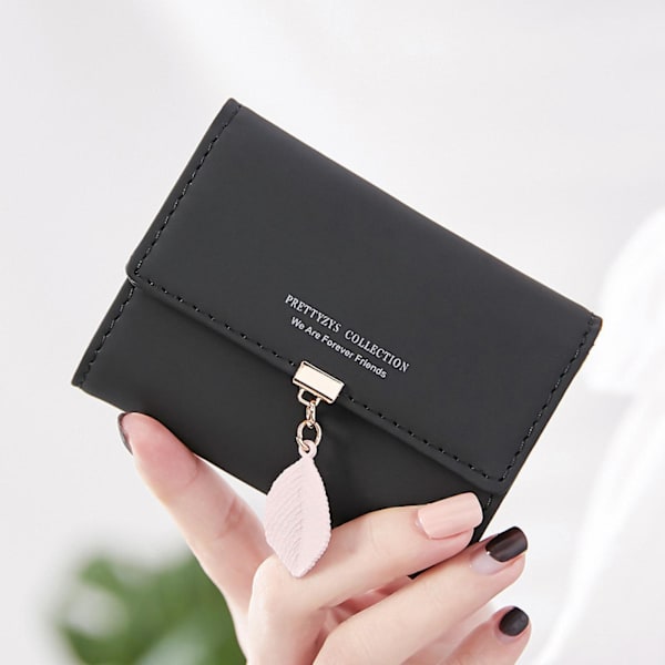 Liten plånbok För Kvinnor Rfid Flickor Plånbok Läder Vegan Löv Pendel Korthållare Organizer Blixtlås Myntväska A916-1149 Black