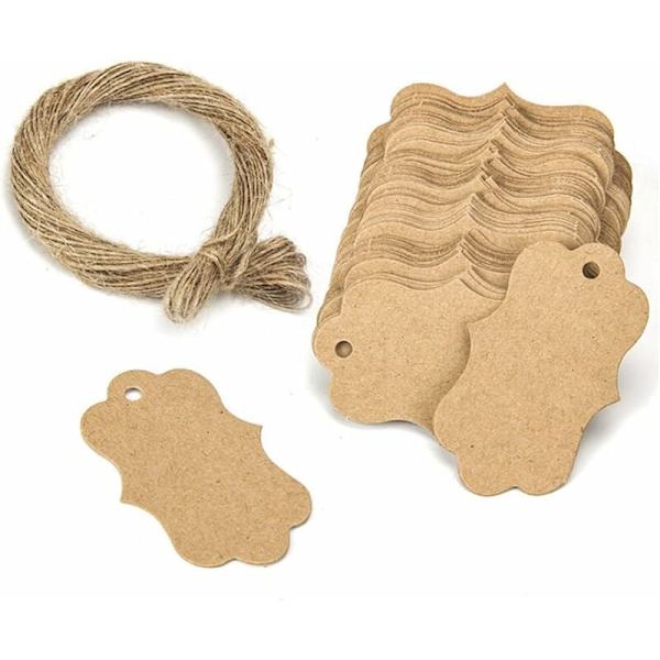 100 stk. Kraft-mærker Gavemærker 3x5 cm med jutesnor til bryllup, fødselsdag, valentinsdag, jul (Kraft)