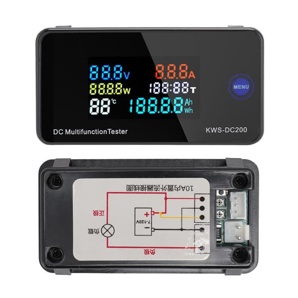 KWS DC200 10A Voltmeter Amperemeter DC 8‑120V 0‑10A LCD Farveskærm 7 i 1 Multifunktion DC Multimeter med 10A Strømshunt