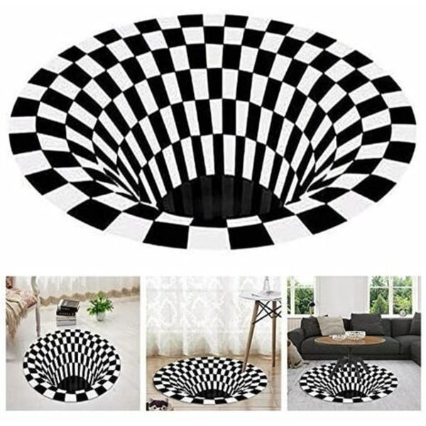 Black White Grid pyöreä matto, 3D Vortex Illusion -matto, 3D Vortex -matto Makuuhuoneen olohuone, 3D-alueen mattolattiamatto, Vortex Illusio