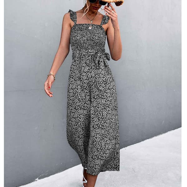 Sommarjumpsuit för damer, blommigt tryck, vida ben, midjebälte, 2 fickor