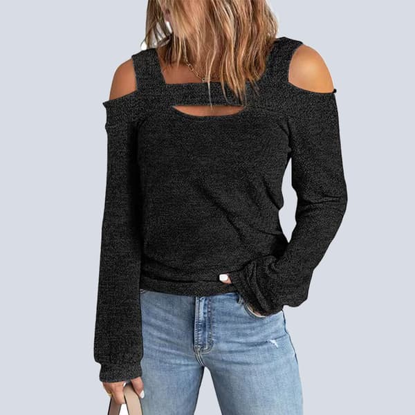 Dame Cold Shoulder Top Cut Out Design Ensfarvet Mode Langærmet Bluse til Hjemmeshopping Sort