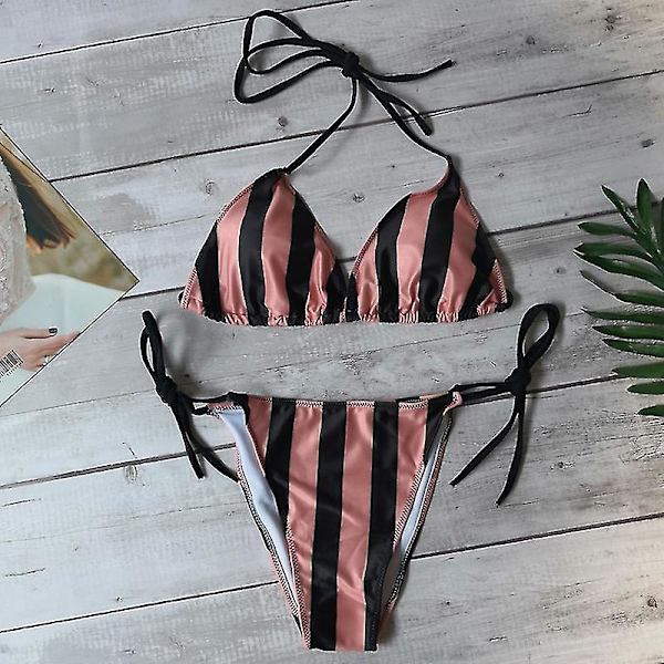 kvinnor Sexig Bikini String Set Vadderad Push Up Badkläder Sommar Beach Baddräkt Striped Black Brown M