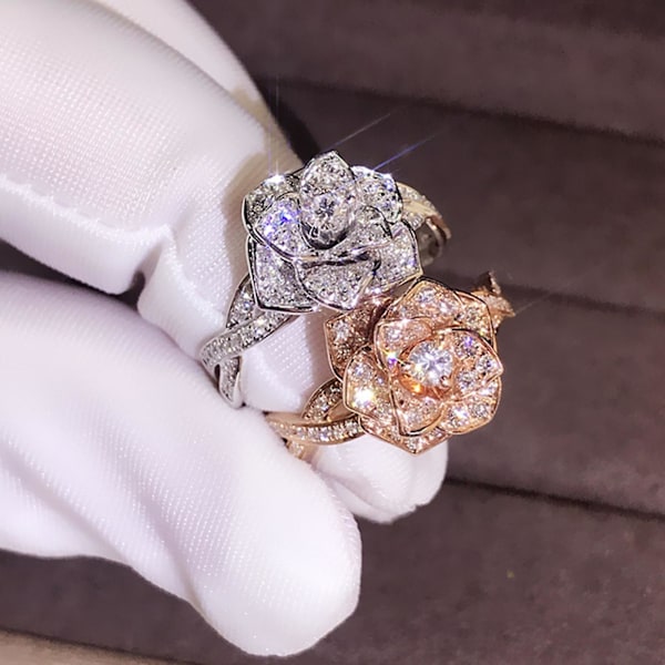 Kvinnor Ring Rose Rhinestones Smycken Lätt mode Utseende Finger Ring För Bröllop Silver US 9