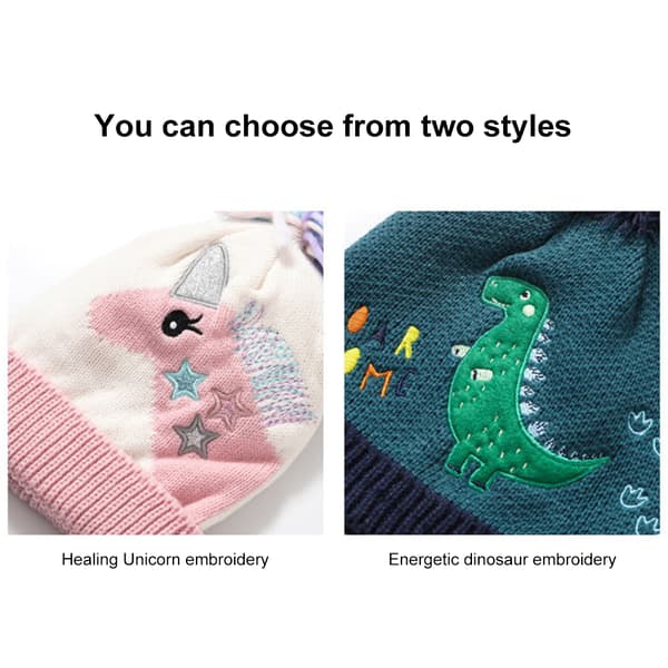 Barn Vinterstickad Mössa Handskar Set Tecknad Dinosaurie Stickad Varm Mössa med Pompom Presenter för Pojkar Flickor