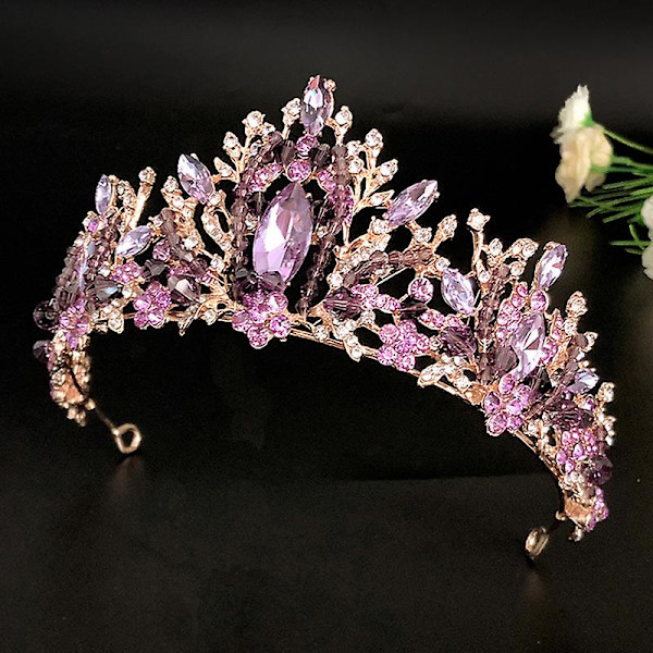 Brude Krone Hovedbeklædning Bryllup Fødselsdag Krone Hovedbeklædning Lilla Rhinestones Retro Luksus hår
