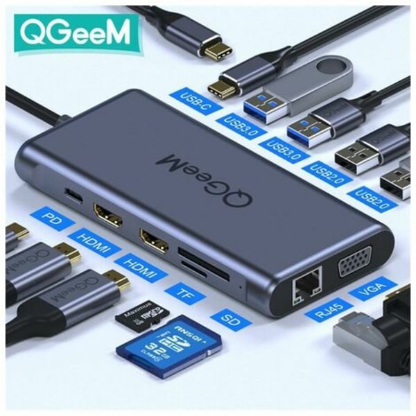 Triple Monitor USB C Adapter Dockingstation MacBook Pro 12-i-1 USB C Hub Adapter med Dual 4K HDMI og VGA, 2*USB 3.0