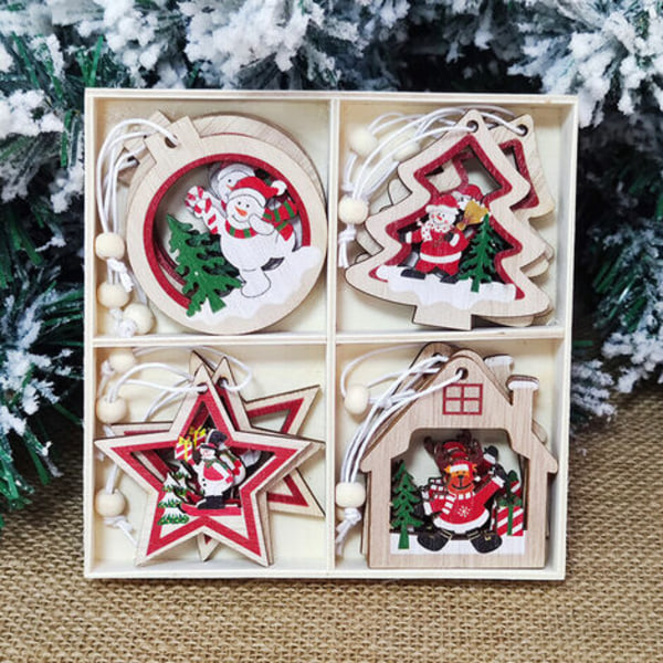 24 stk træ julevedhæng, hul julemandsvedhæng, snemandsvedhæng Ornamenthåndværk, juletræspynt