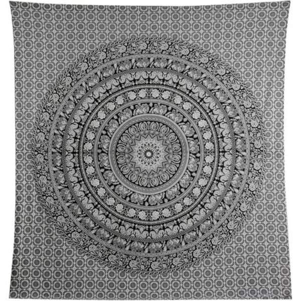 Mandala Väggtapet - Svart - Stor storlek Hippie Tapestry Beach Elephant Printed Väggupphängning i bomull för sovrum D