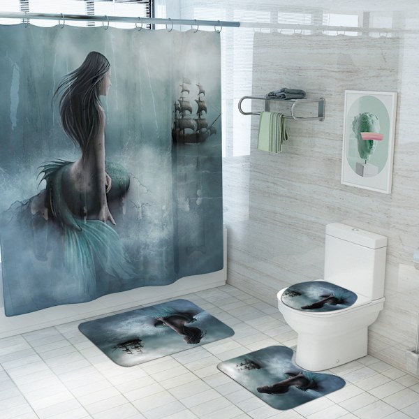 Havfrue Print Vandtæt bruseforhæng med fire dele toiletpude Badeværelsesgardin, Y02,