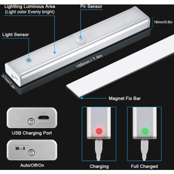 2 set 10 LED-valoa, langaton, USB ladattava, magneettinen, liiketunnistin, 2 valaistustilaa, kannettava. vaatekaapin valo,