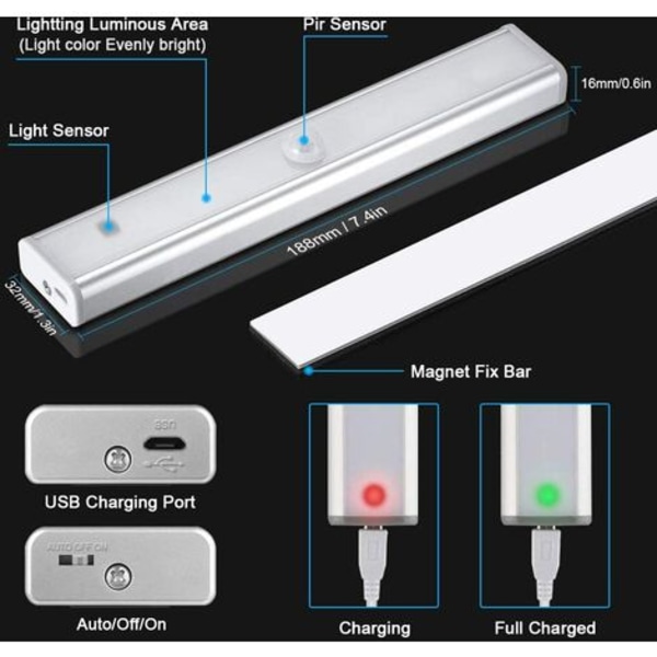 Sæt med 2 10 LED-lys, trådløs, USB genopladelig, magnetisk, bevægelsesdetektor, 2 lystilstande, bærbar. Skab lys,