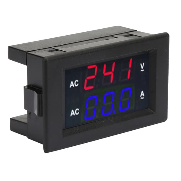 Digital LED voltmeter/strømmåler - AC 100-300V, 0-10A (rød/blå)