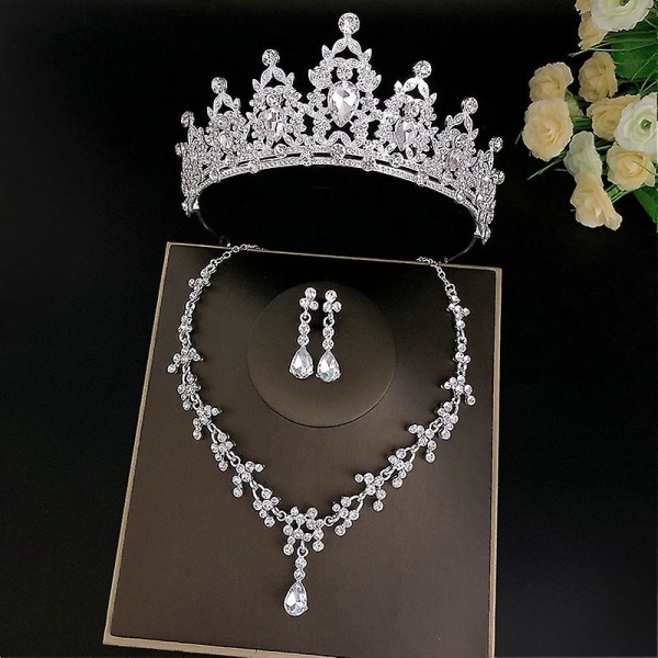 Bröllopsbröllops tiaror Crown Set med örhängen Kit & Necklack Handgjorda lyxiga Crystal hårtillbehör Silver 2