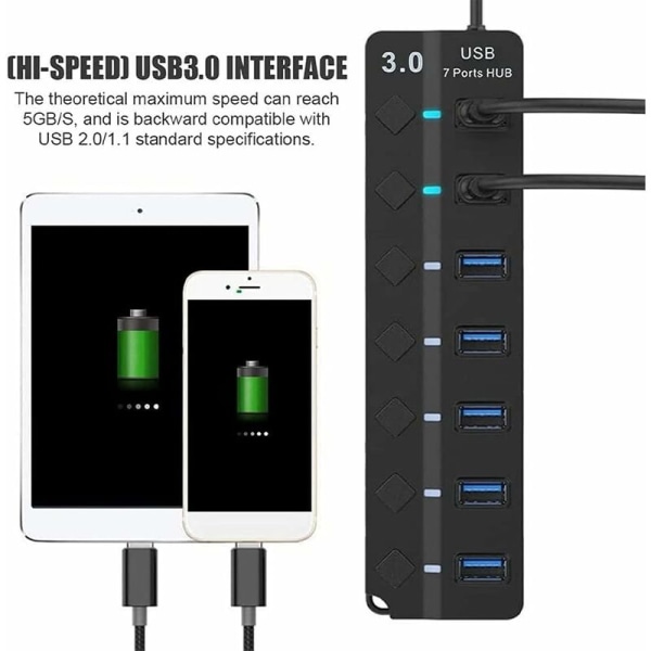 USB Hub, 7 Port USB 3.0 Hub, USB Data Multi-Port Hub Splitter med individuelle tænd/sluk-kontakter, USB-udvidelse til MacBook