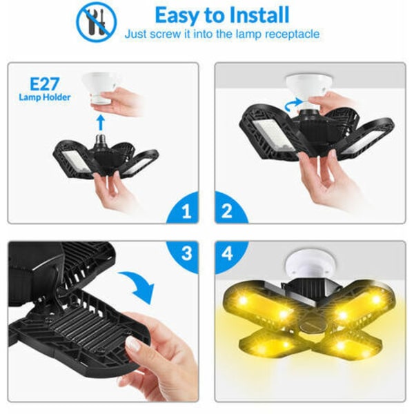 LED-garagelampor, 120W 12000LM E26 deformerbar lampa med 4 justerbara paneler 3200K Hight Bay Light, LED-takljus fo