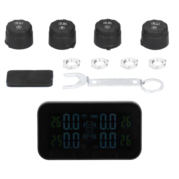 LCD Bil TPMS Dekktrykkovervåkingssystem med sensor, solcellelading, USB-lading
