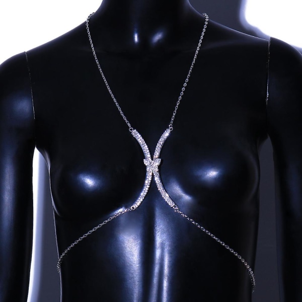 Skinnende Rhinestone brystkæde Butterfly Decor Sexet Bikini Body Chain Silver
