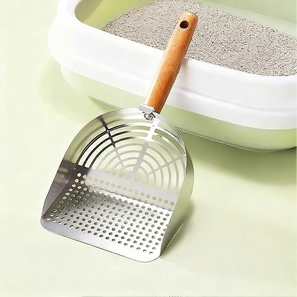 Kattespade i rustfritt stål, solid avfallsskuffe med trehåndtak for katter og hunder Bar Shape