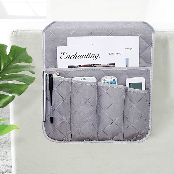 Lænestol Armlæn Organizer, Sofa Stol Protector Cover, Hængelommer Pladsbesparende, Skridsikker opbevaringstaske til telefon, bog, magasiner, tv-fjernbetjening, Grå