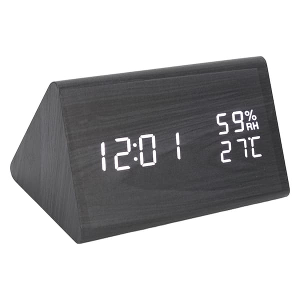 Triangulær Digital Vækkeur i Træ Stemmestyring LED-Display til Soveværelse Kontor Sort Træ Hvid Skrift