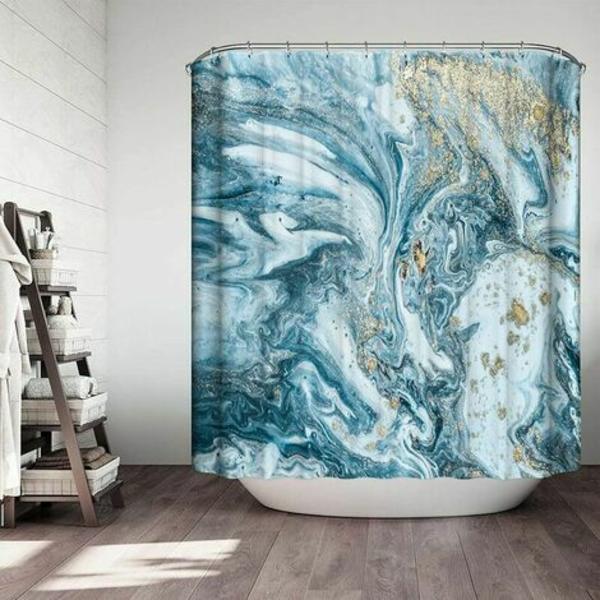 Duschdraperi i marmor, blå abstrakt akvarell spiralstruktur Mineral Rock Set med 12 krokar, Waterpro