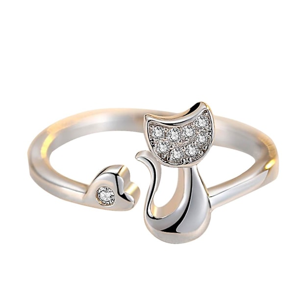 1 stk Cubic Zirconia Dyr sød lille kat hjerte åben ring mode smykker Silver