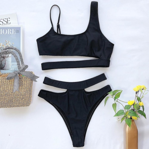 naisten Pehmustettu side Uimapuvut Bikinisetti Set Hollow Out Uimapuku Black L