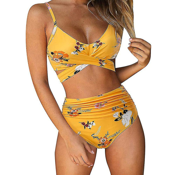 kvinder Tie Dye Push Up Polstret Bikini Sæt Højtalje Badetøj Badedragt Strandtøj Yellow L