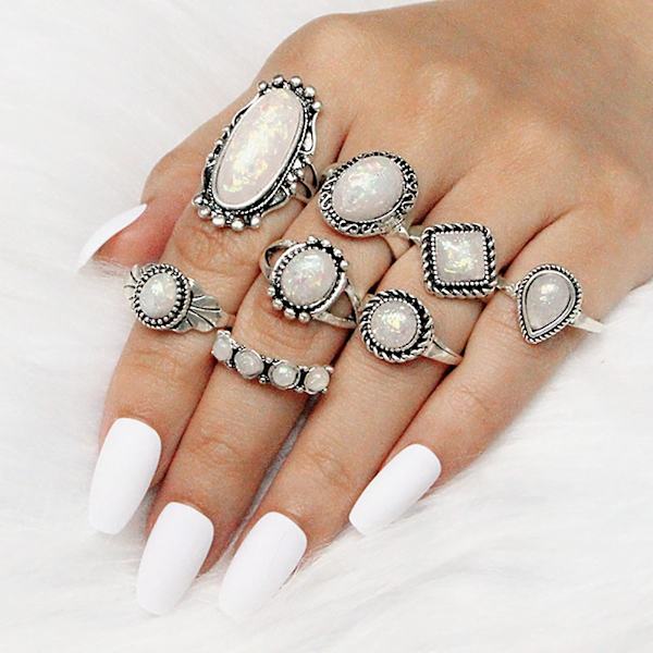 8 st/ set Fyrkantiga stapelbara knogringar Silverfärg Etnisk stil Faux Gem Finger Ringar Smycken Tillbehör
