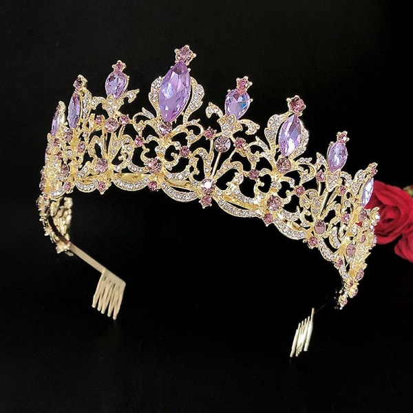 Rhinestones Crown Pannband Lila Kristall Retro Brudhårbåge med kam Glittrande huvudbonad hår Violet