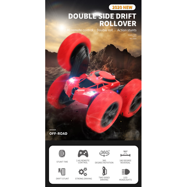 Stunt dubbelsidig 360 graders roterande och rullande höghastighetsfjärrkontroll leksaksbil (gul)