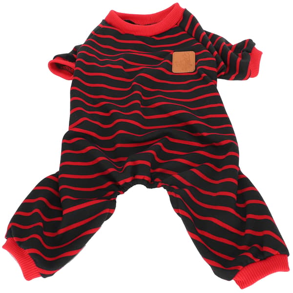 Myke strikkede 4-bens pyjamaser med striper for hunder, valper og katter, rød stripe