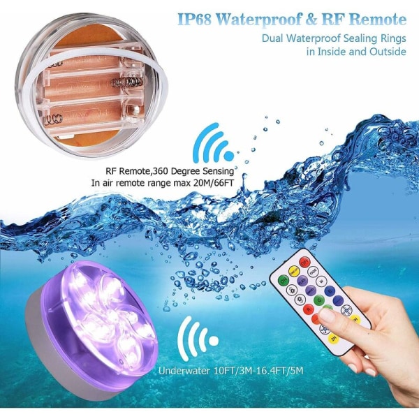 Vandtætte flerfarvede LED-lys med 1 fjernbetjening til swimmingpooldam Akvariebadekar 9*4,5 cm 2 stk.