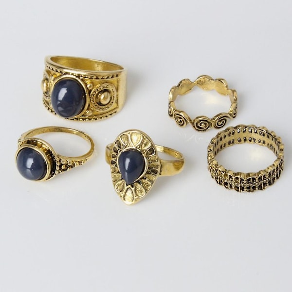 5kpl/ set Bohemian Vintage Blue Stone Alloy Finger Sormus Naisten Viehättäviä koruja Antique Golden