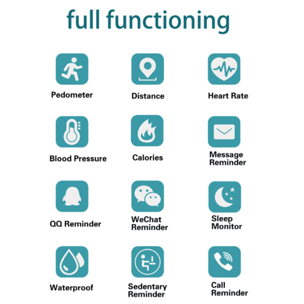 Älykäs Bluetooth rannekoru, harjoitus, syke, veren happi, verenpaine, askelmittari, unen terveyden seuranta (sininen),