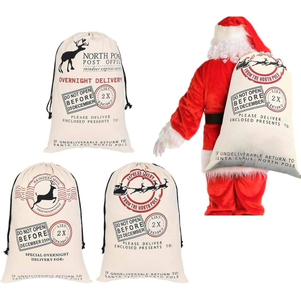 3 stykker julegavepose Julemandssæk Lærredstaske med snøre - Xmas Elk Express leveringstasker Ekstra stor størrelse 70 X 50 Cm