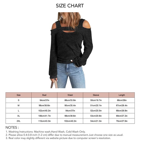 Dame Cold Shoulder Top Cut Out Design Ensfarvet Mode Langærmet Bluse til Hjemmeshopping Sort