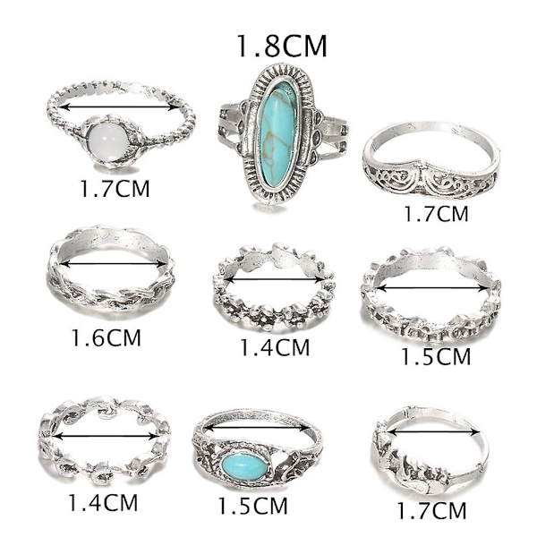 9 st/ set Kvinnor Retro Bohemian Faux Turkos Inläggningar Finger Ringar Smycken Present