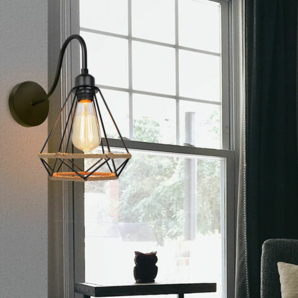 Retro Hamp Rope Væglampe E27 Metal til Soveværelse Stue Loft Sort - Sort