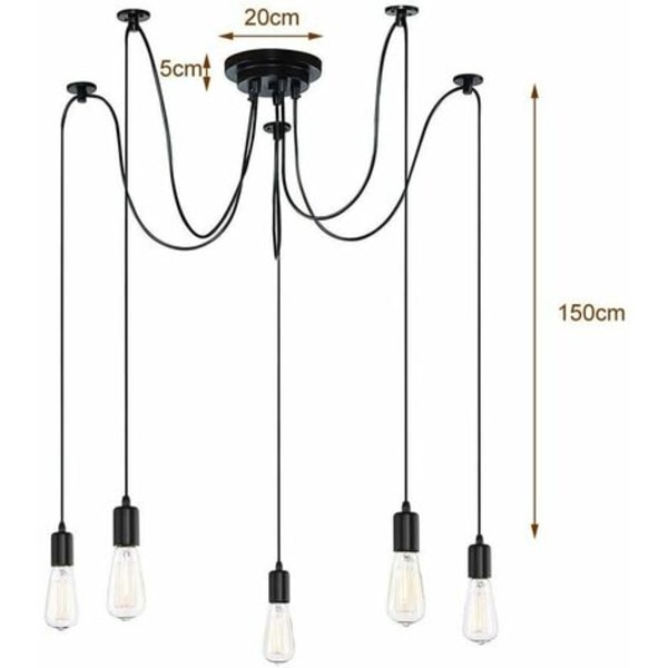 Lysekrone Pendel DIY Justerbar Loftslampe E27 1,5m 5 Lys til Stue Soveværelse Bar Sort - Sort