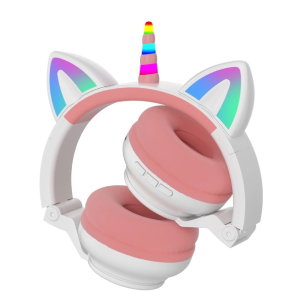 Söta tecknade kattöron skinande trådlös subwoofer Unicorn Headset Bluetooth Headset (rosa vit)