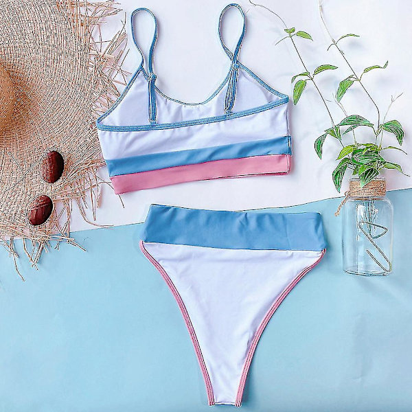 kvinnor Baddräkt High Waist Bikini Set Patchwork Sommar Beachwear Badkläder White and Blue M