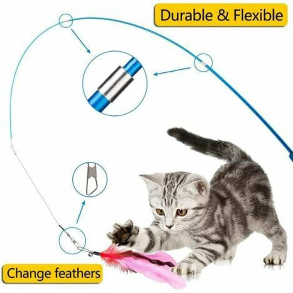 12 STK Cat Feather Legetøj, Stick Toy Cat Fiskestang med 2 STK Interaktiv tilbagetrækkelig stang, 10 STK Erstatningsfjer med