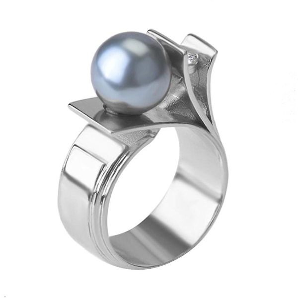 Mode Kvinnor Faux Pearl Rhinestone Inlagd Finger Ring Bröllop Smycken Present Blue and Silver US 9