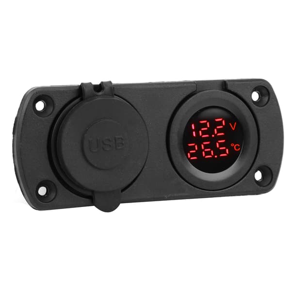 Dobbelt USB Biloplader 12V Cigartænderstik Rød Temperatur Voltmeter