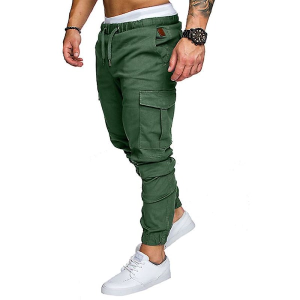 Enfärgade joggingbyxor med dragsko för män Green L